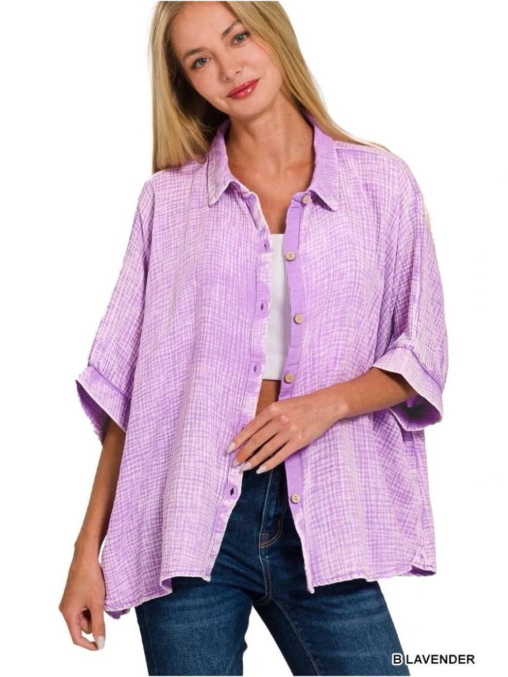 Zenana‎ Double Gauze 3/4 Sleeve Button Up Shirt Lavender Teal Size L/XL